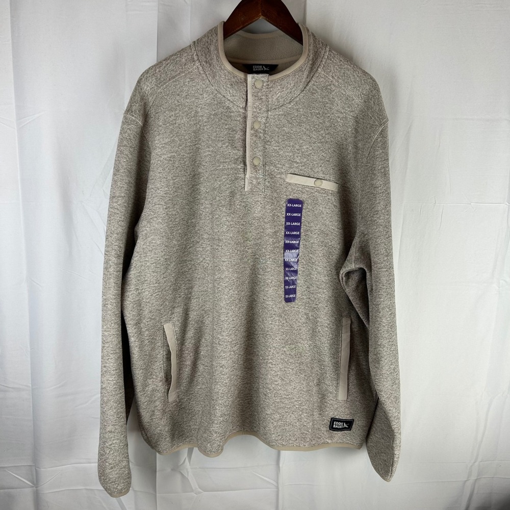 Eddie Bauer Mens XX Large Sweater Fleece Pullover‎ Snap Neck Chest Pocket Tan
